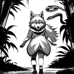 The furry wolf-girl walks through the jungle while a snake stalks her from behind.