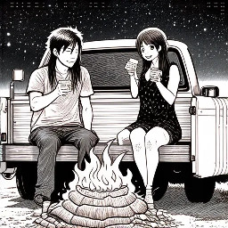 a man and woman sitting on the edge of a white truck tailgate. There is a bonfire nearby. It is a starry night sky. They are eating smores.