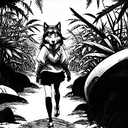 The wolf-girl walks through the jungle while a snake stalks her from behind.