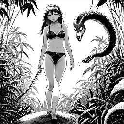 The anthro wolf-girl walks through the jungle in a bikini while a snake stalks her from behind.