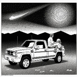 a man and woman sitting on the edge of a white truck tailgate. There is a bonfire nearby. It is a starry night sky. They are eating smores.