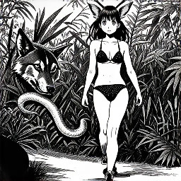 The girl with a wolf's tail and ears walks through the jungle in a bikini while an anaconda stalks her from behind.