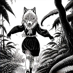 The furry wolf-girl walks through the jungle while a snake stalks her from behind.