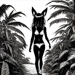 The girl with a wolf's tail and ears walks through the jungle in a bikini.