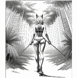 The girl with a wolf's tail and ears walks through the jungle in a bikini.