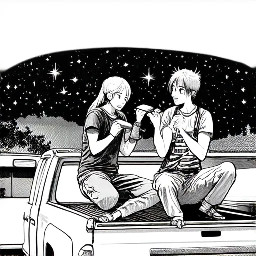 a man and woman sitting on the edge of a white truck tailgate. There is a bonfire nearby. It is a starry night sky. They are eating smores.