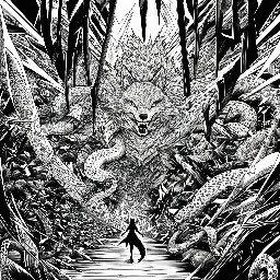 The furry wolf-girl walks through the jungle while a snake stalks her from behind.