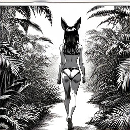 The girl with a wolf's tail and ears walks through the jungle in a bikini.