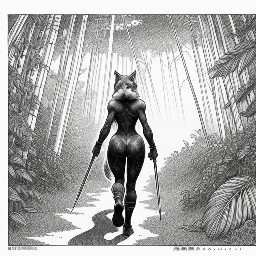The furry wolf-girl walks through the jungle while a snake stalks her from behind.