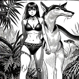 The anthro wolf-girl walks through the jungle in a bikini while a snake stalks her from behind.