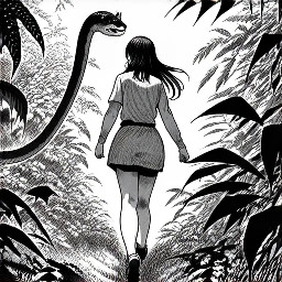 The wolf-girl walks through the jungle while a snake stalks her from behind.